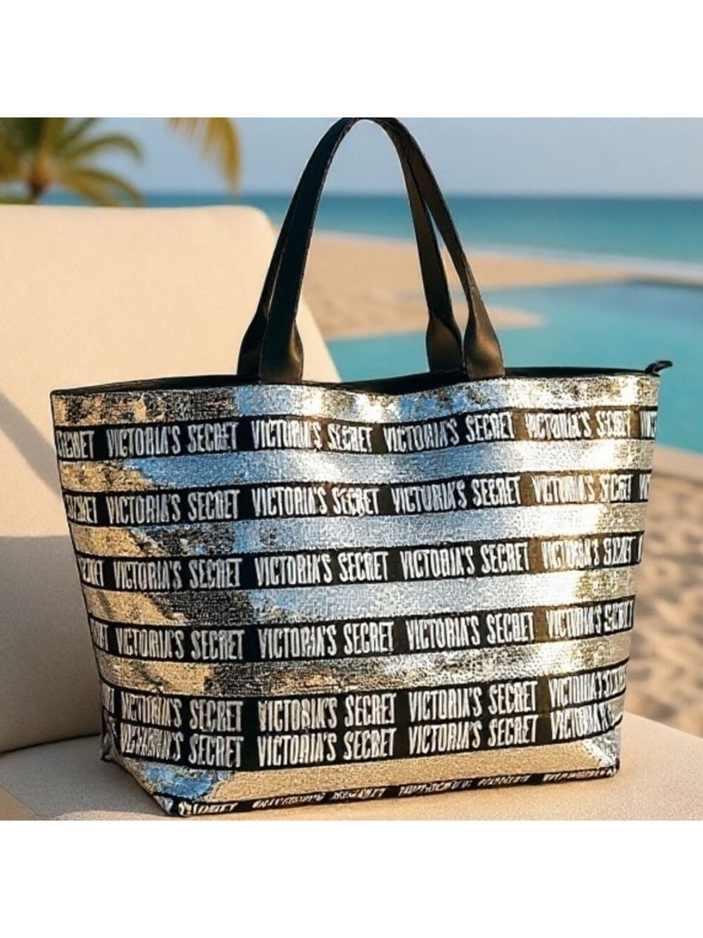 Victoria's Secret Black Metallic Logo Stripe Tote Bag